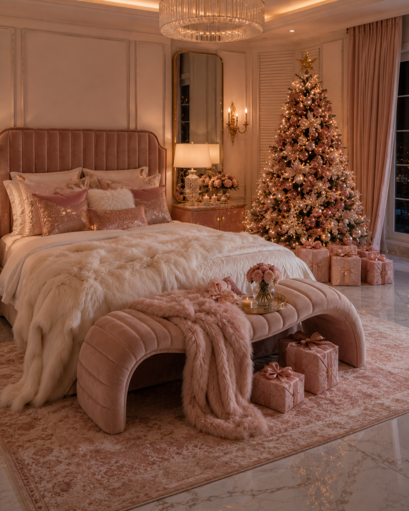 Pink Christmas bedroom ideas luxury bench