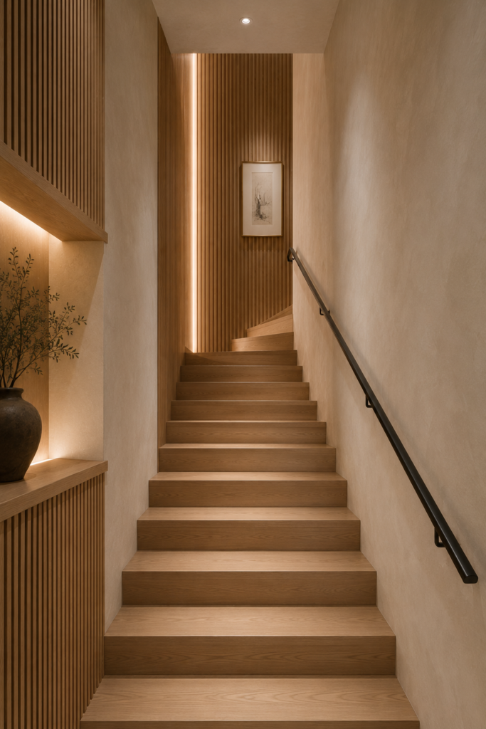 Enclosed stairwell decor with fluted oak