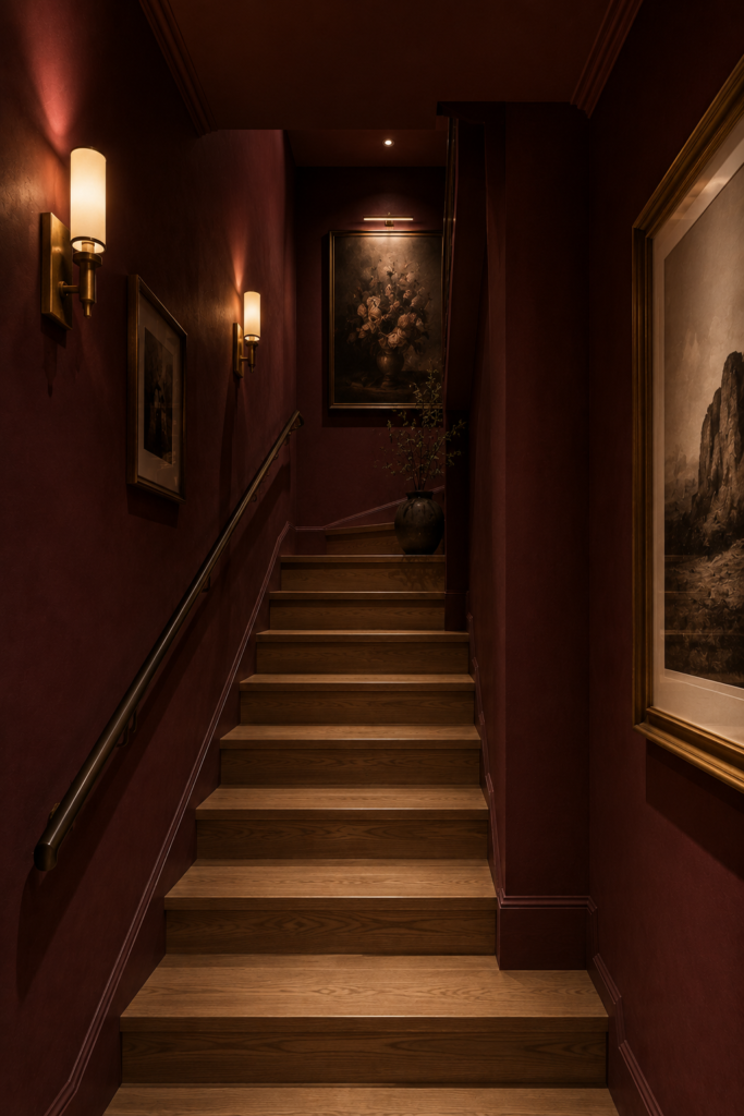 Enclosed stairwell decor in burgundy