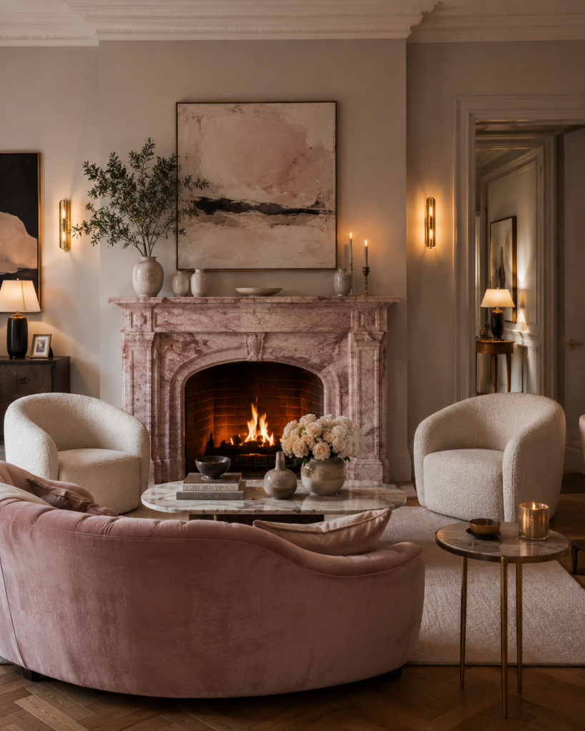 Luxury pink living room decor ideas fireplace