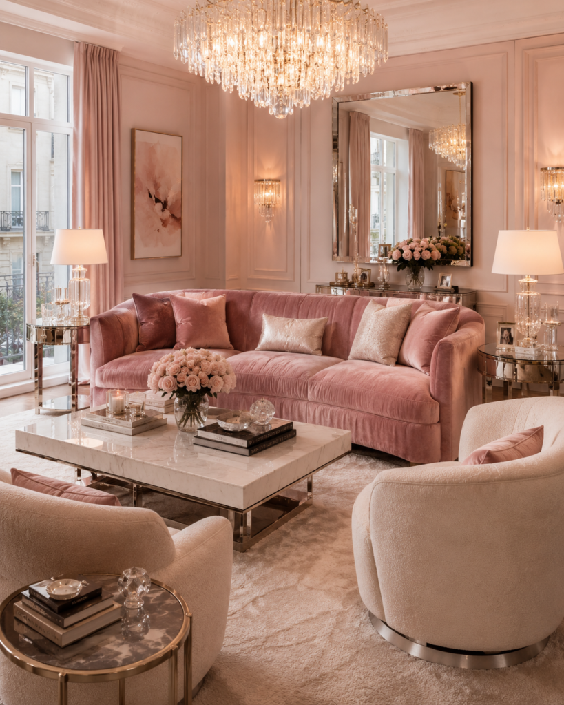 Luxury pink living room decor ideas crystal
