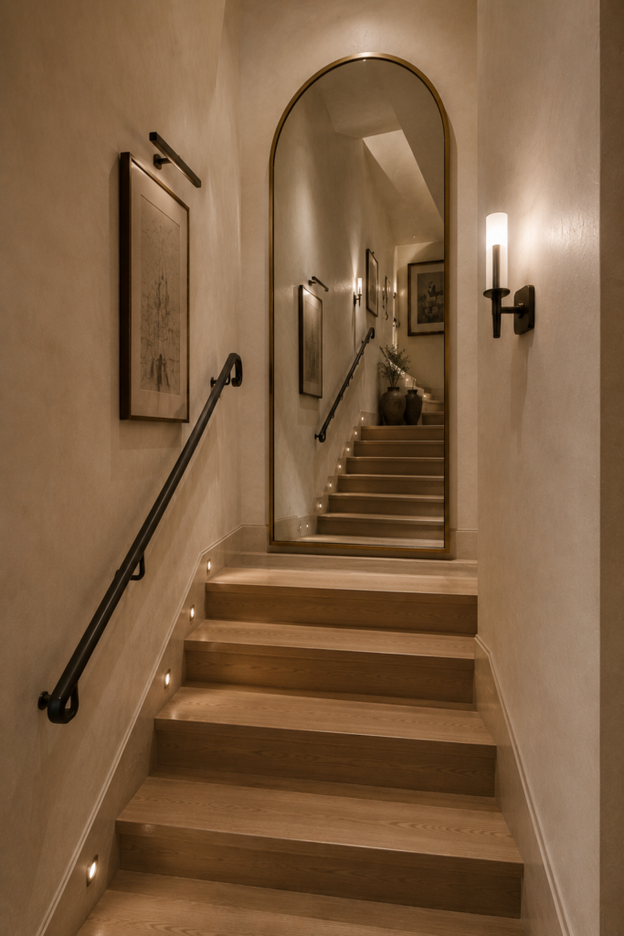 Enclosed stairwell decor with arched mirror