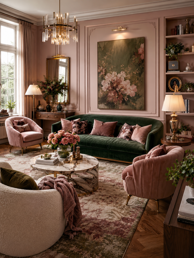 Pink and green living room design ideas