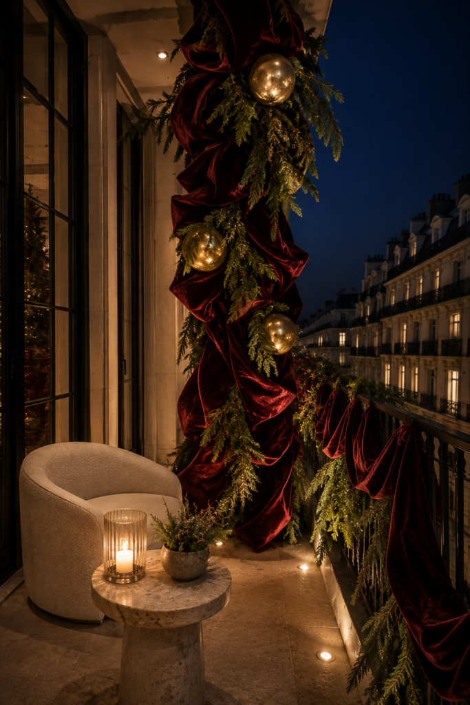 Christmas balcony decor for 2026 ribbon installation
