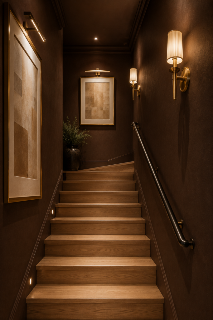 Enclosed stairwell decor chocolate brown walls