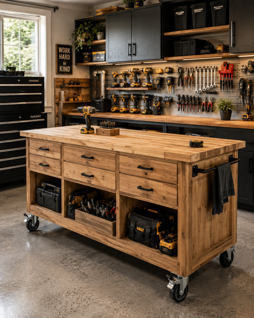 DIY garage organization ideas rolling workbench