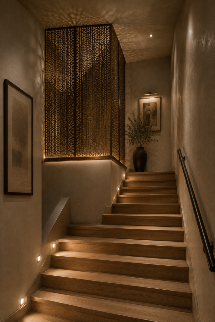 Enclosed stairwell decor with metal mesh