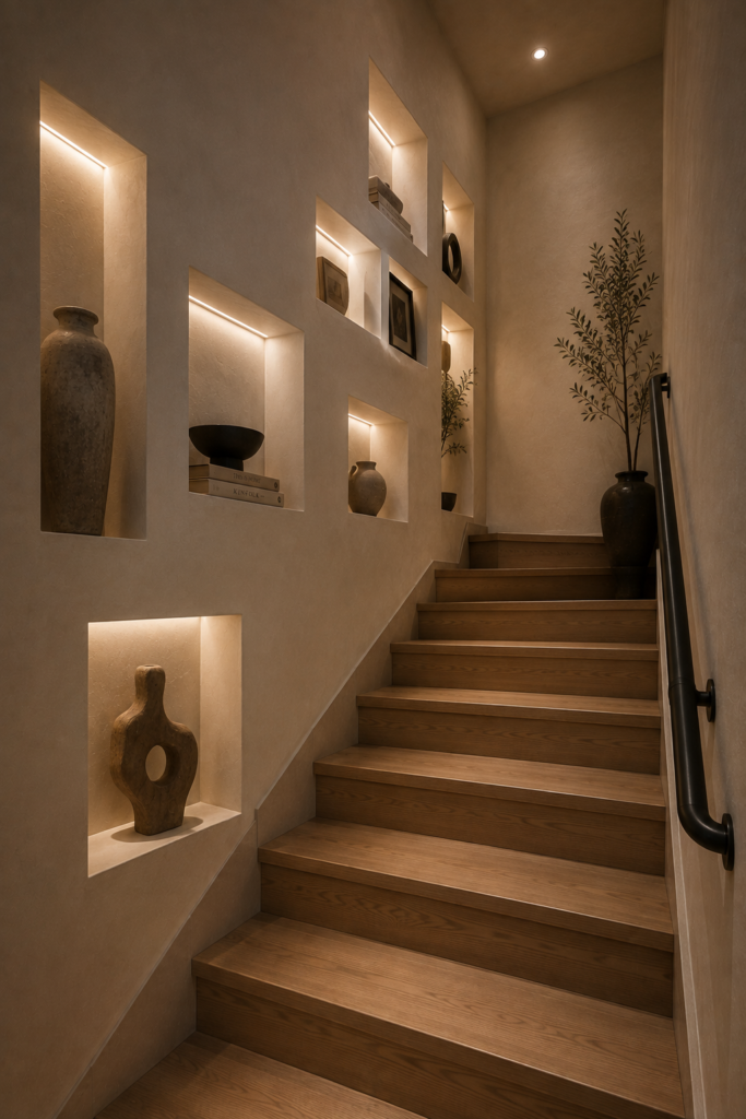 Enclosed stairwell decor illuminated display niches