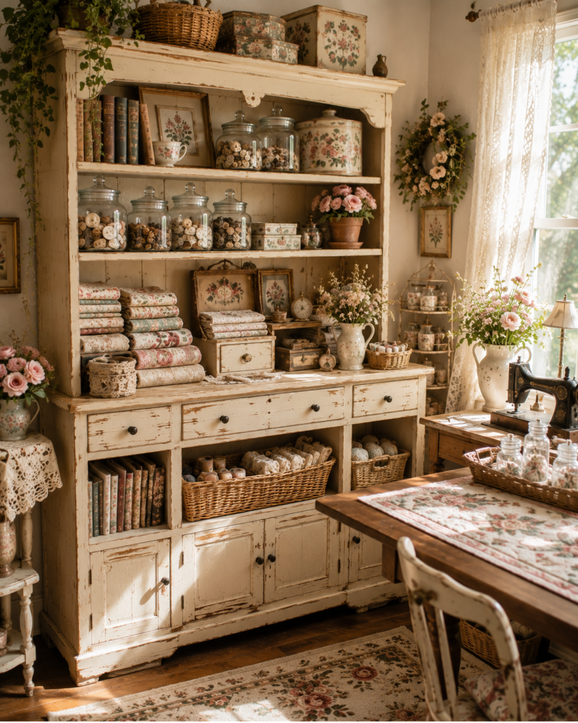 Vintage craft room ideas distressed hutch