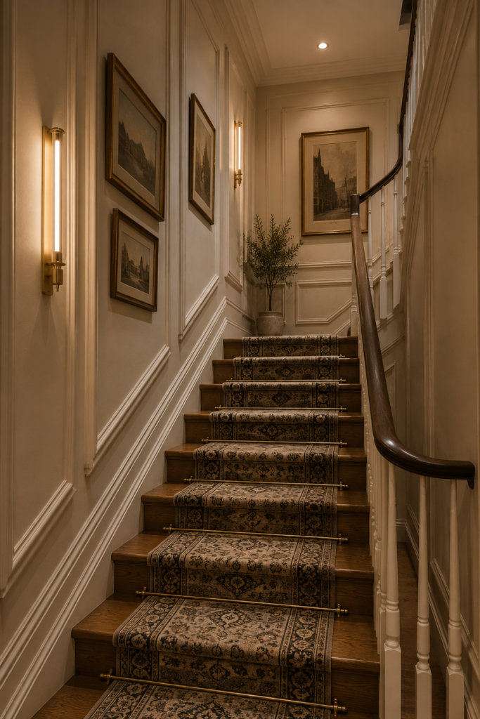 Enclosed stairwell decor vintage modern mix
