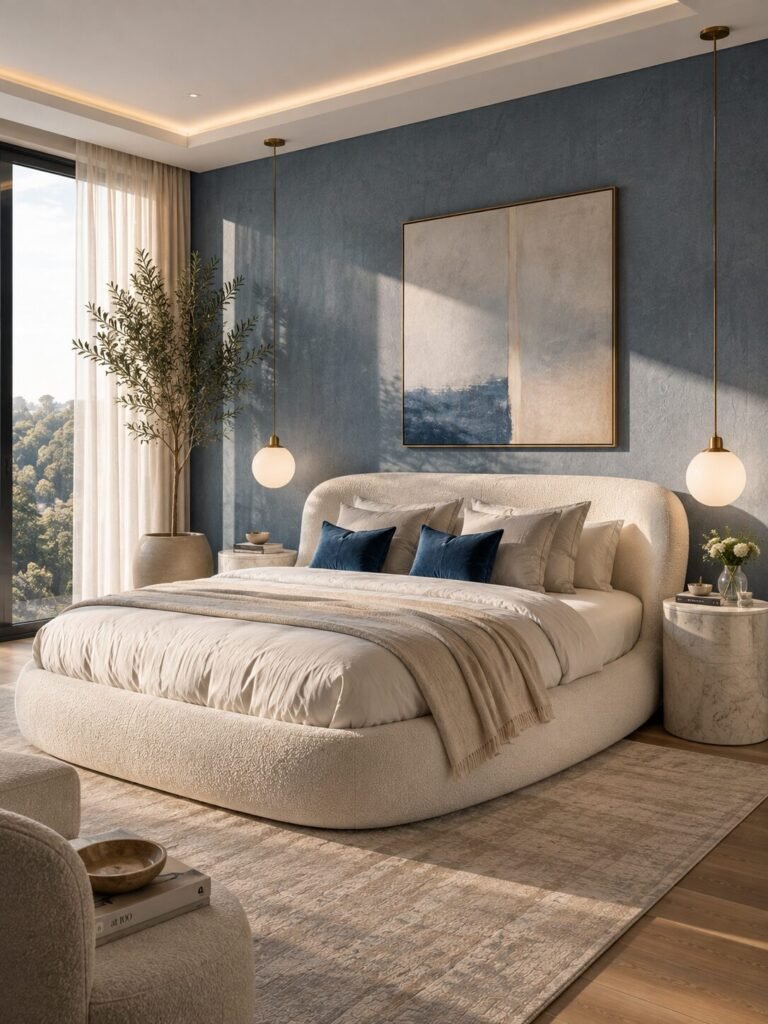 Luxury blue bedroom ideas bouclé bed