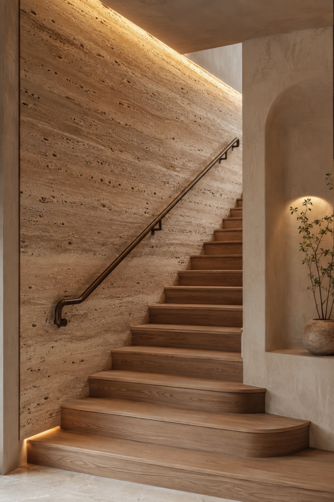 Enclosed stairwell decor with travertine