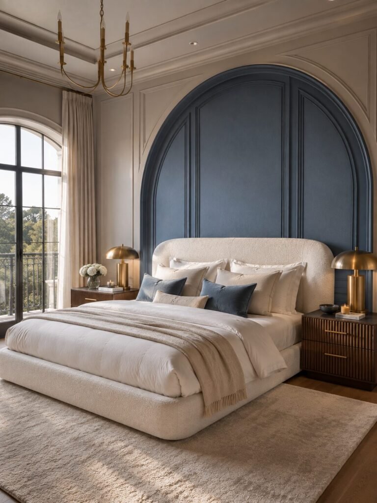 Luxury blue bedroom ideas arch wall