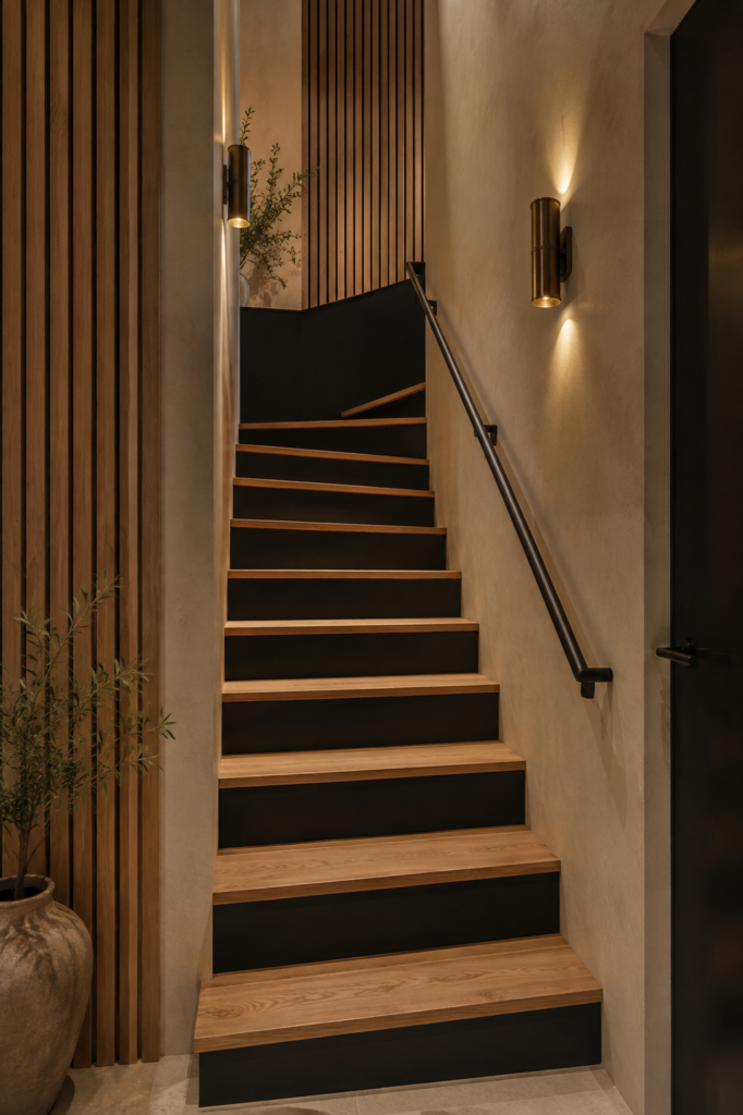 Enclosed stairwell decor black wood contrast
