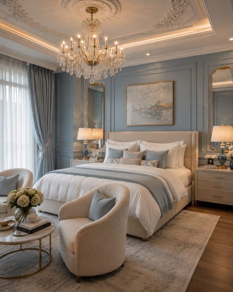 Luxury blue bedroom ideas chandelier