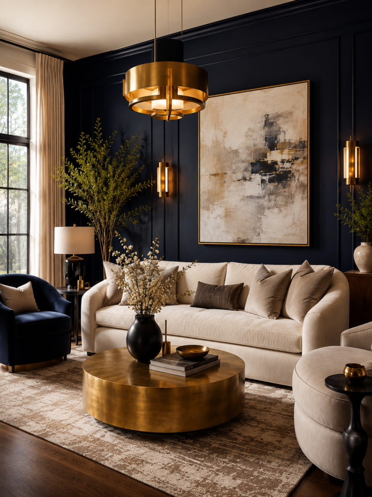 Luxury blue living room ideas with navy walls