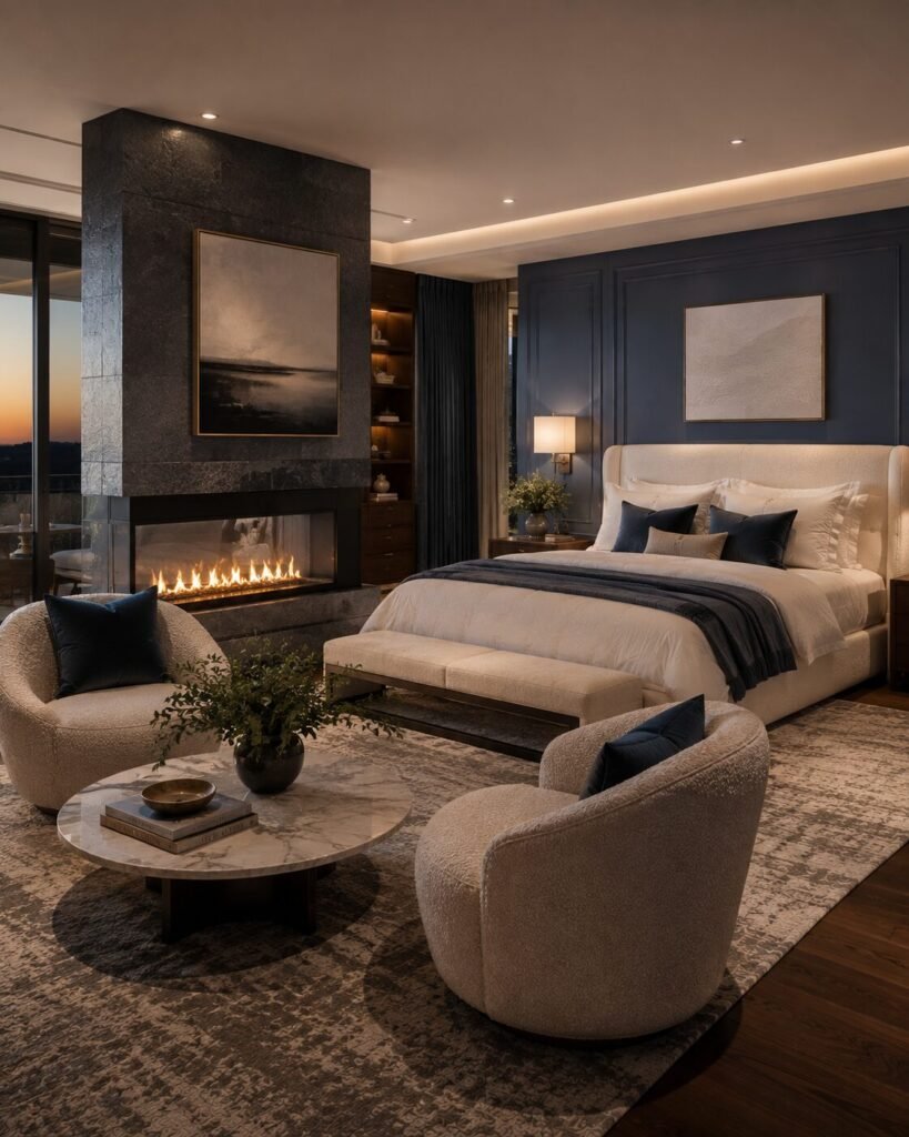 Luxury blue bedroom ideas fireplace