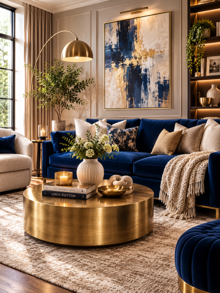 Luxury blue living room ideas with velvet sofa
