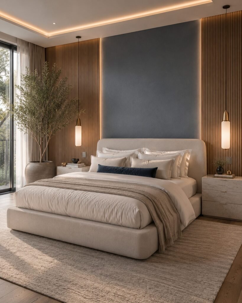 Luxury blue bedroom ideas fluted wood