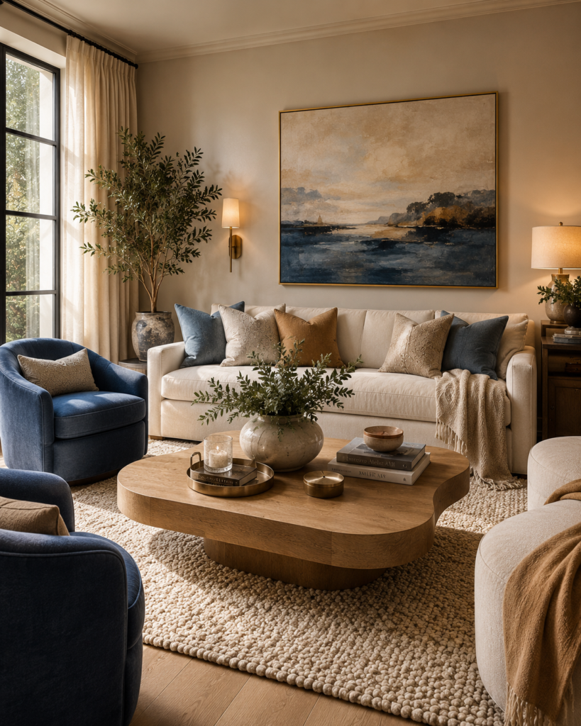 Luxury blue living room ideas with neutral tones
