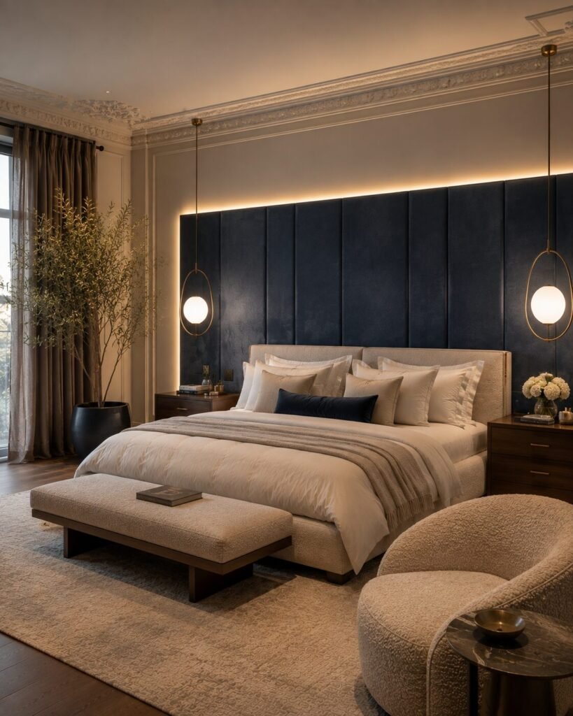 Luxury blue bedroom ideas headboard