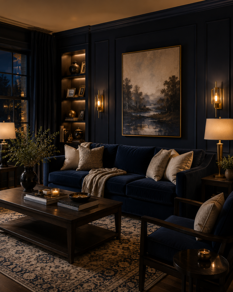 Luxury blue living room ideas in midnight blue