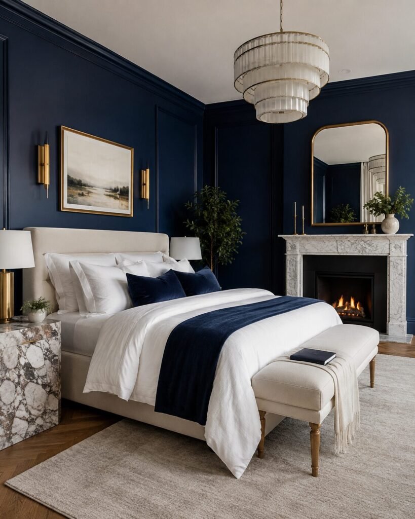 Luxury blue bedroom ideas marble accents