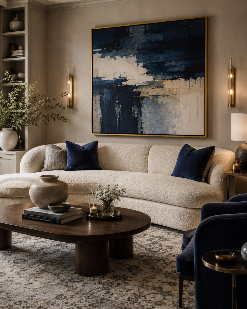 Luxury blue living room ideas with statement artwork