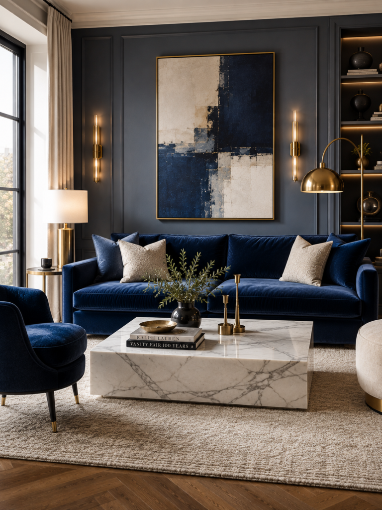  Luxury blue living room ideas with marble accents