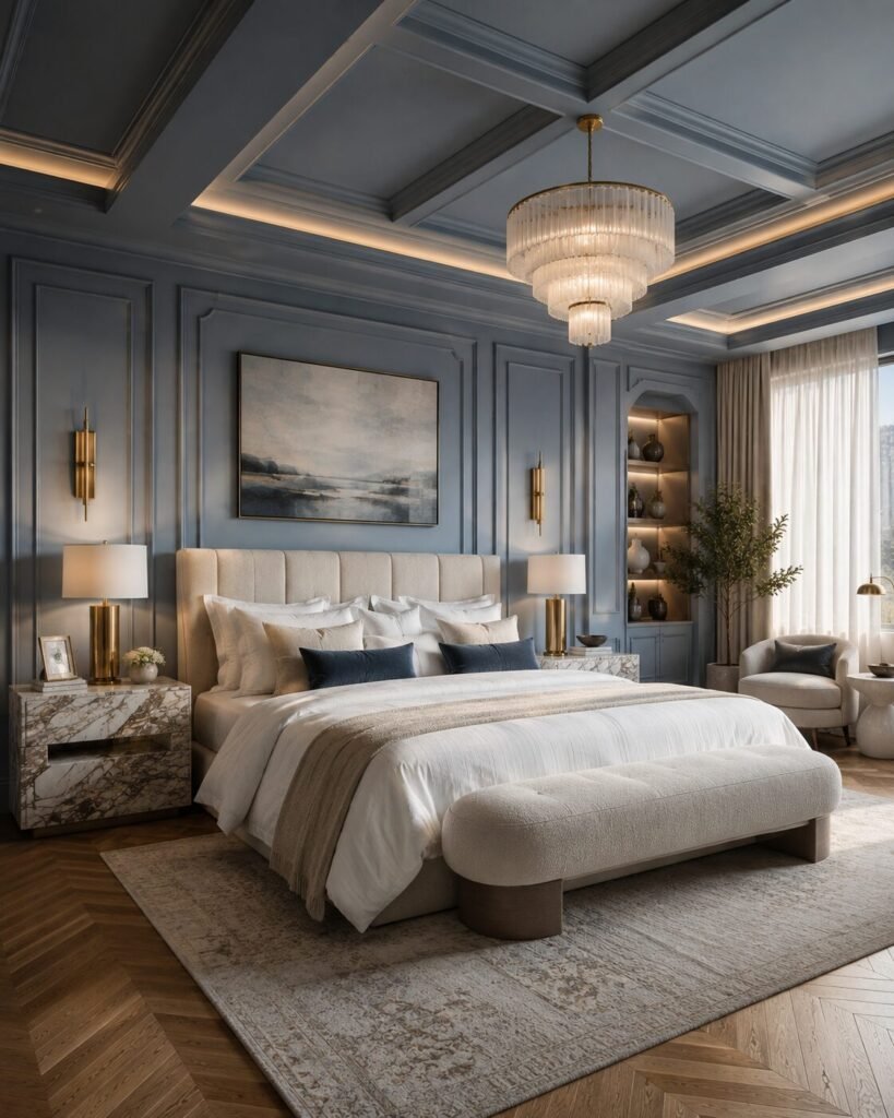 Luxury blue bedroom ideas coffered ceiling