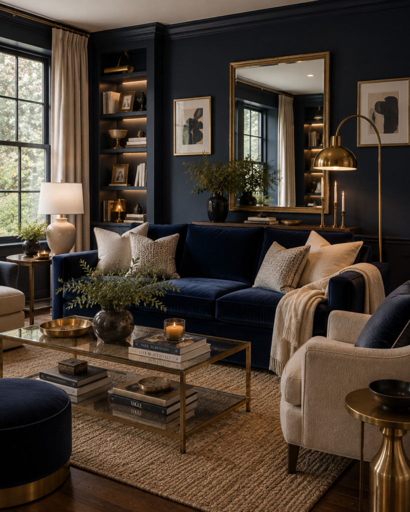 Luxury blue living room ideas with brass decor