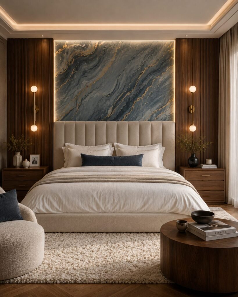 Luxury blue bedroom ideas marble wall