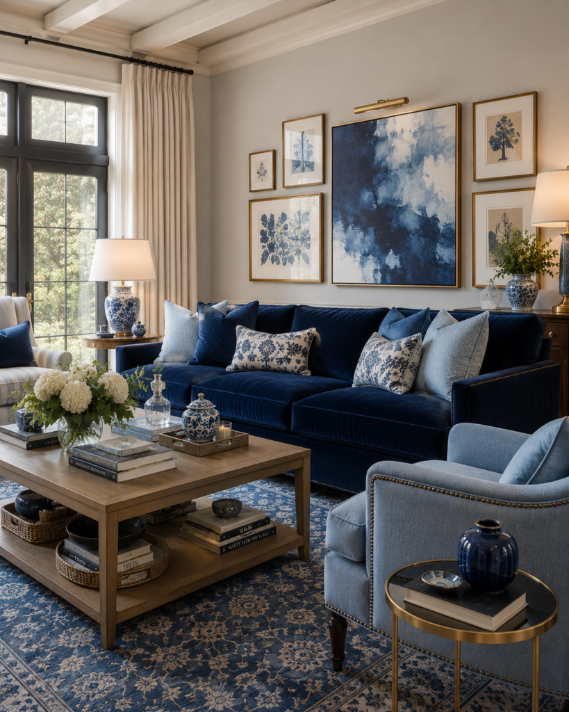 Luxury blue living room ideas with layered shades