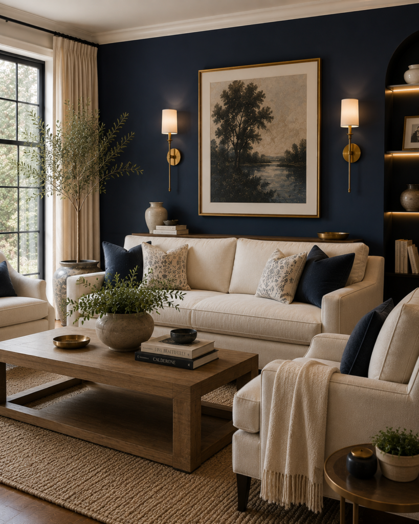 Luxury blue living room ideas with accent wall