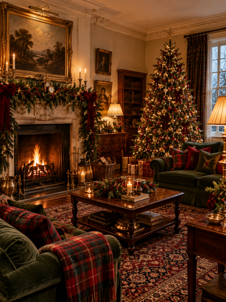 Old fashioned christmas decor ideas tartan living room