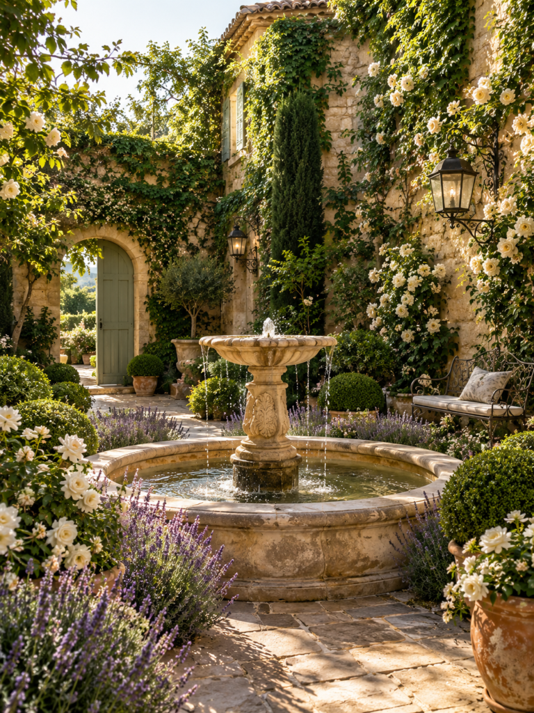 French Courtyard Garden Ideas featuring fountains