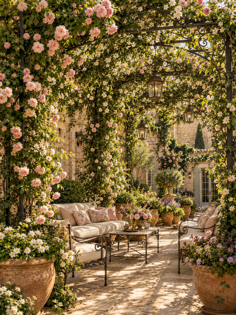 French Courtyard Garden Ideas featuring pergolas