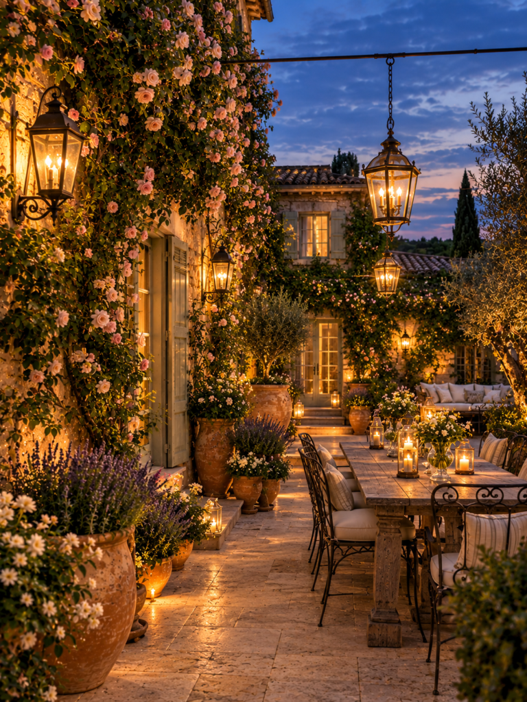 French Courtyard Garden Ideas with lanterns