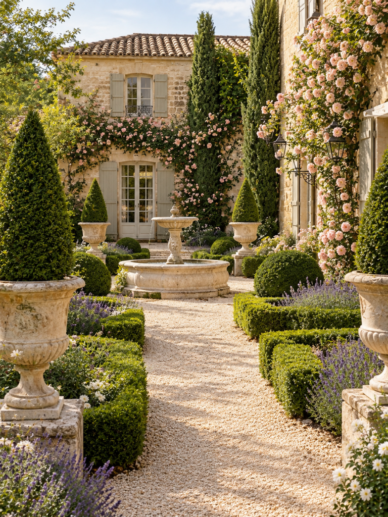 French Courtyard Garden Ideas featuring topiary
