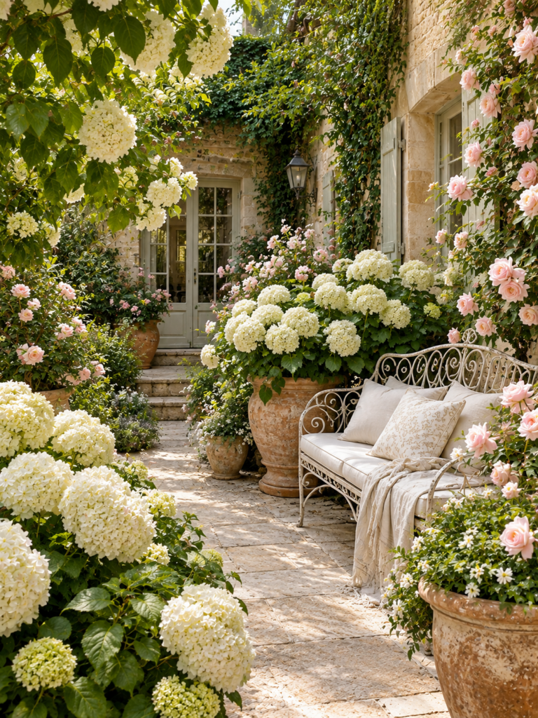 French Courtyard Garden Ideas with hydrangeas
