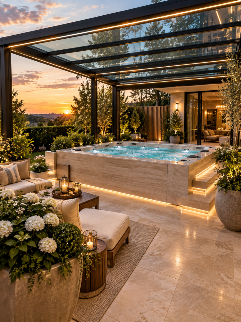 Glass Pergola Outdoor Spa and Jacuzzi Ideas