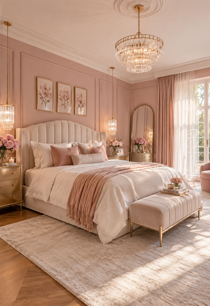 Soft feminine bedroom ideas with gold accents