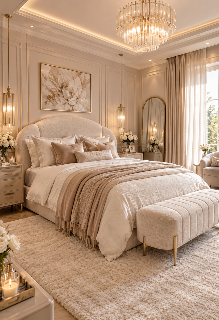 Soft feminine bedroom ideas in champagne tones