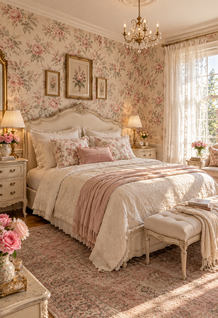 Soft feminine bedroom ideas with floral wallpaper