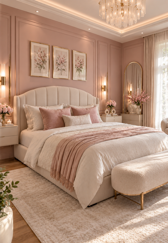 Soft feminine bedroom ideas with pink panelling