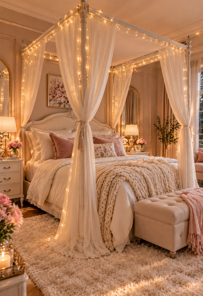 Soft feminine bedroom ideas with canopy curtains