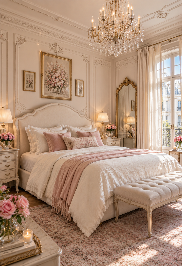 Soft feminine bedroom ideas with Parisian elegance