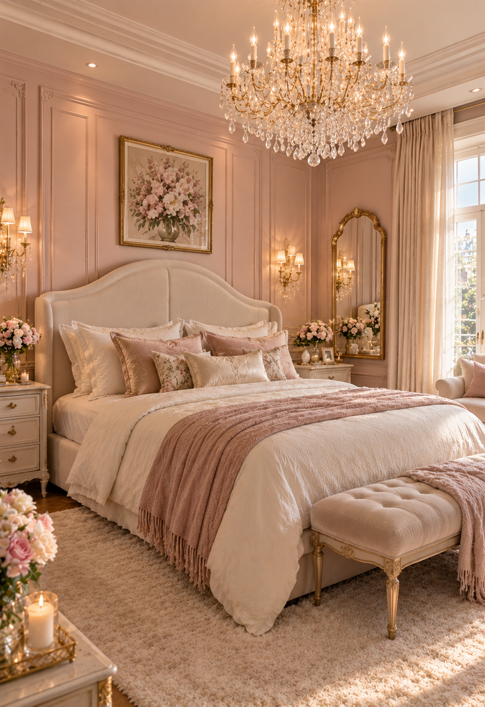 Soft feminine bedroom ideas with crystal chandelier