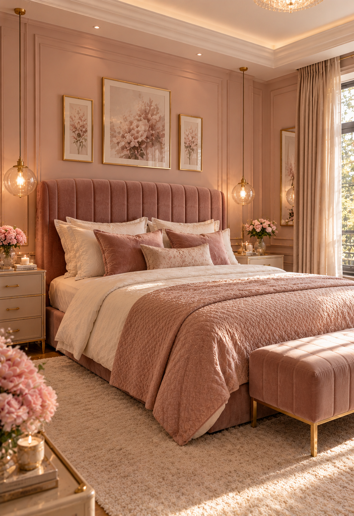 Soft feminine bedroom ideas with velvet textures
