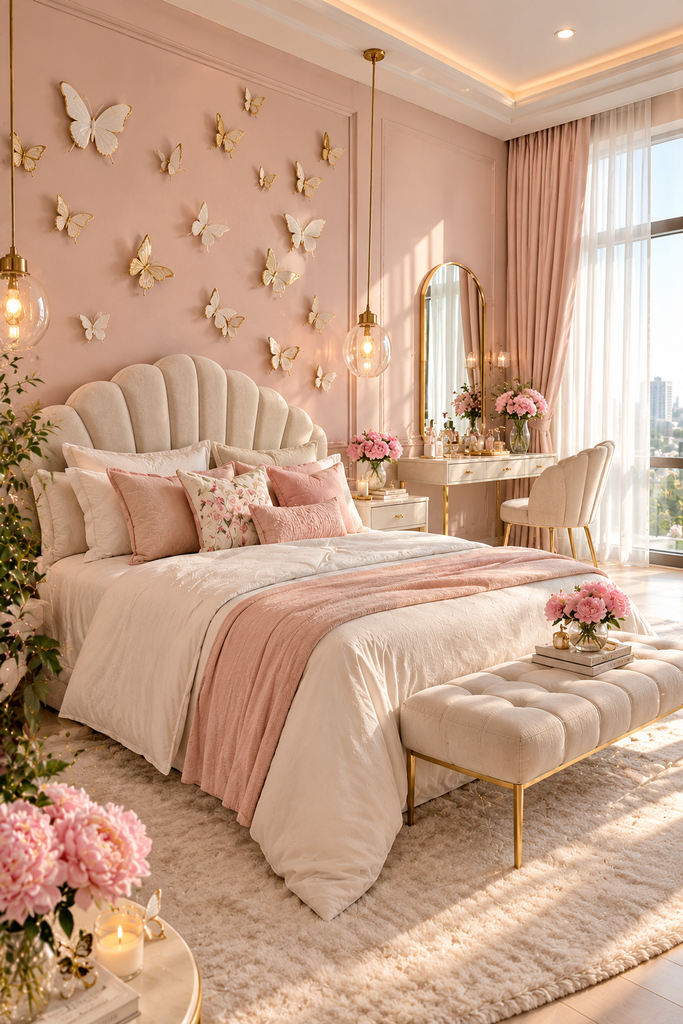 Soft feminine bedroom ideas with butterfly decor